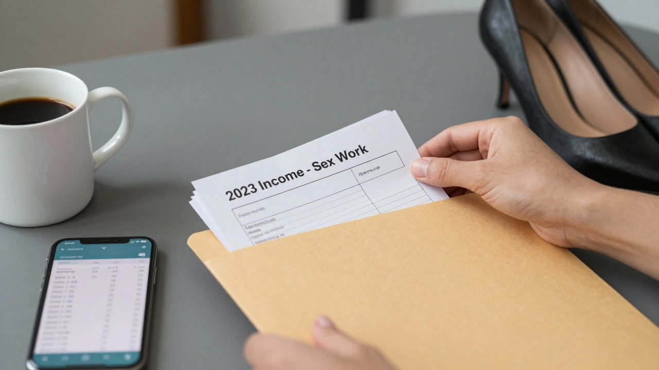 Hands organizing receipts for sex work income next to a smartphone showing a tax app.