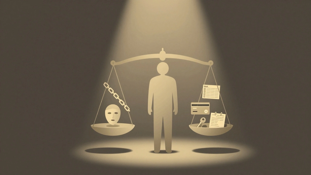 Minimalist illustration of a person balancing stigma against empowerment through tax filing.